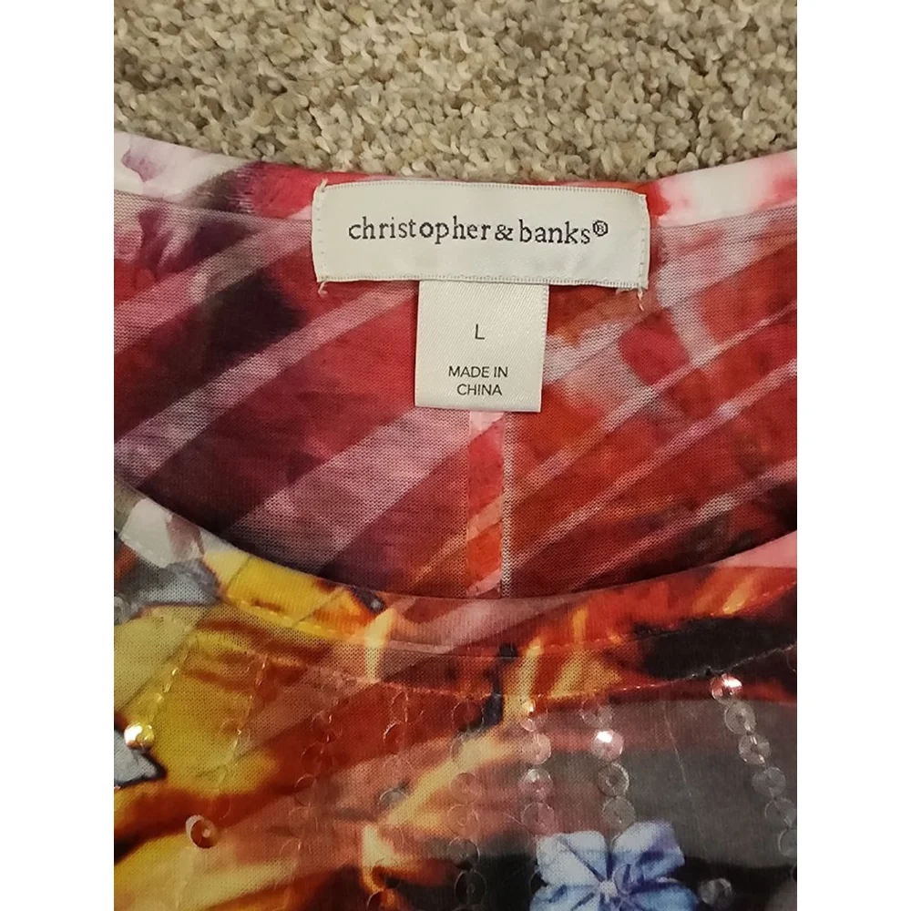Women's Christopher & Banks Floral & Striped Sequin Top L Red Black - Picture 2 of 3